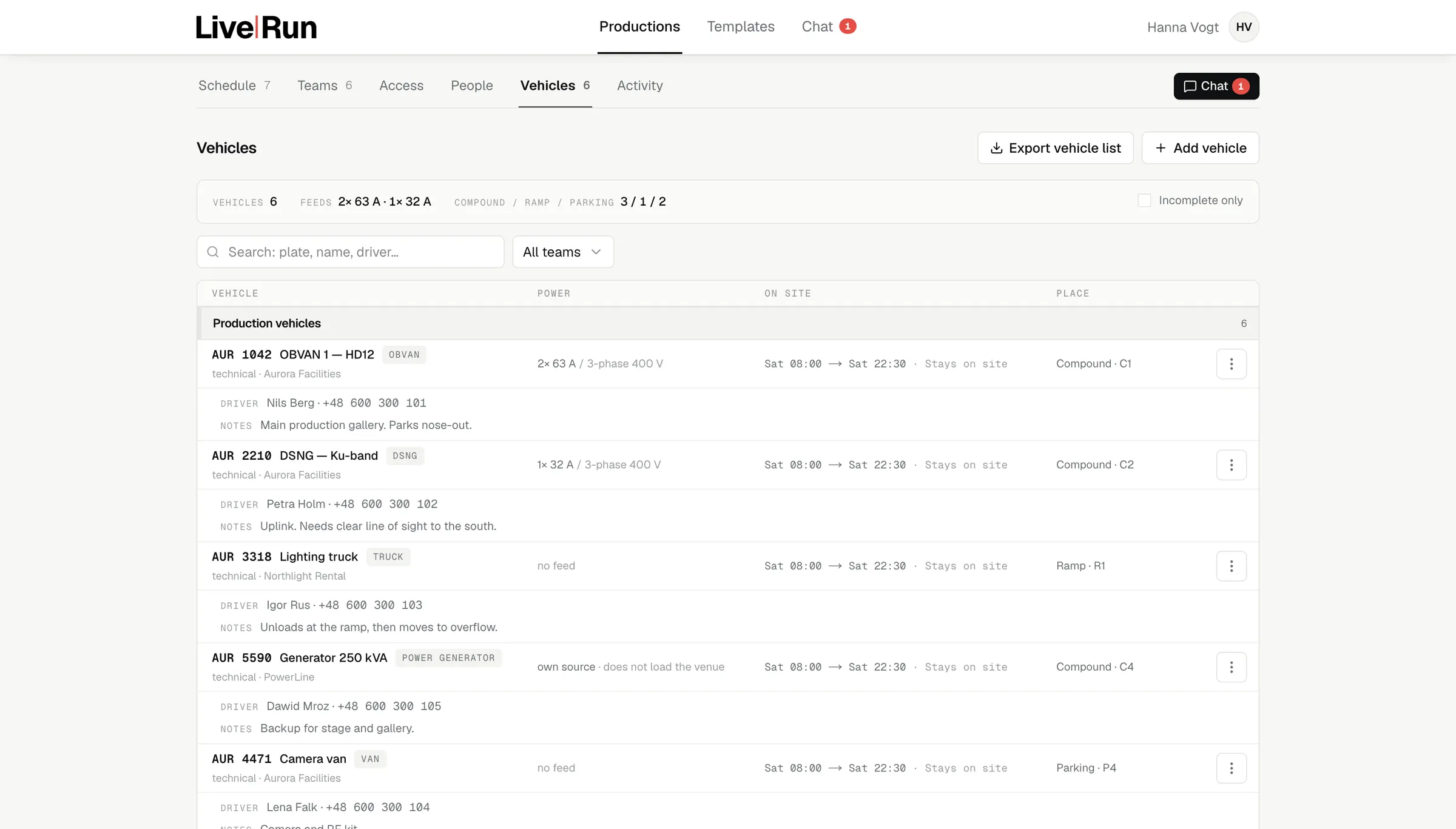 LiveRun vehicles tab: OBVAN, tenders and support vehicles with their assignments