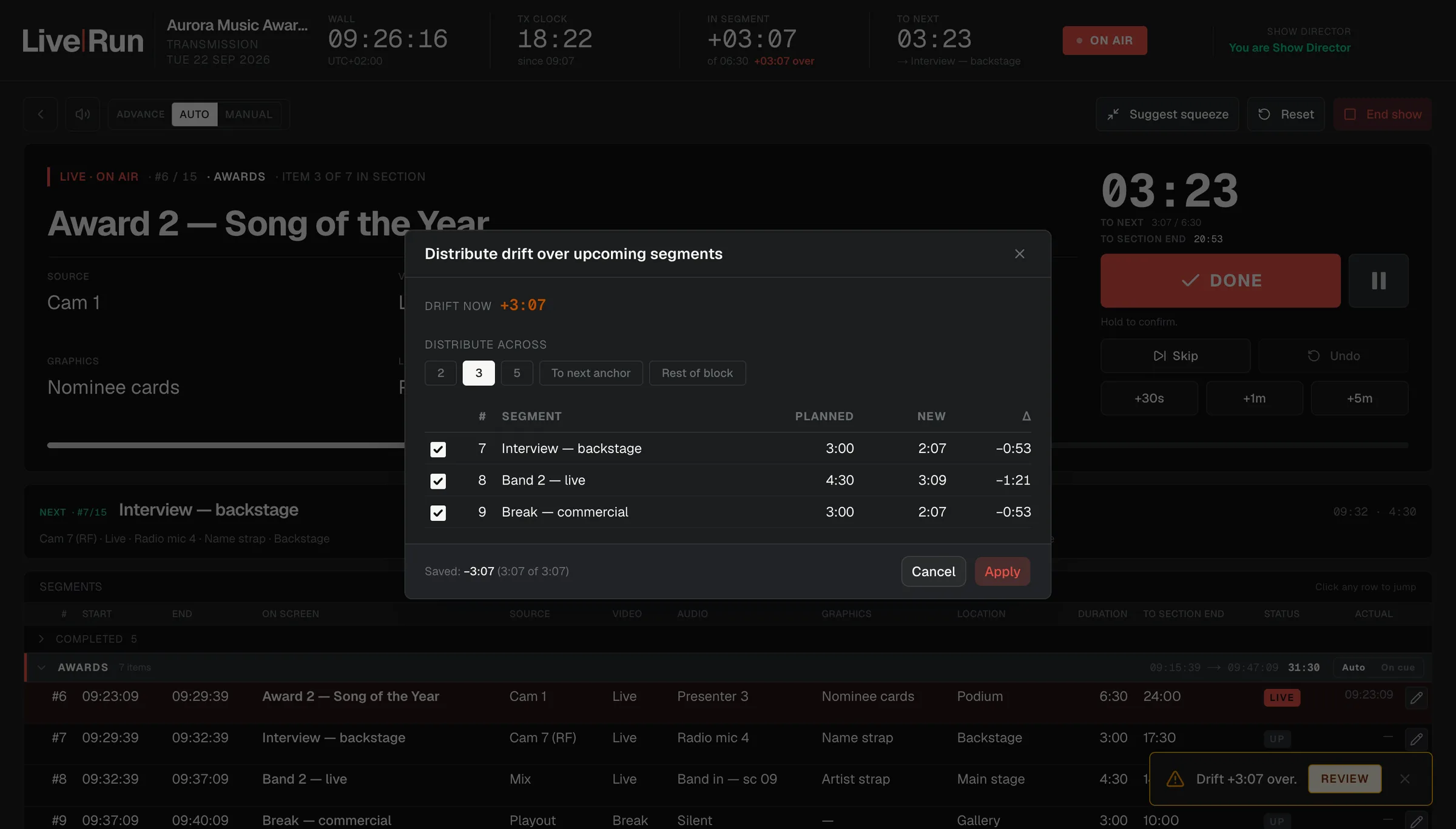 LiveRun squeeze dialog: the amount of time to recover, distributed across the remaining segments